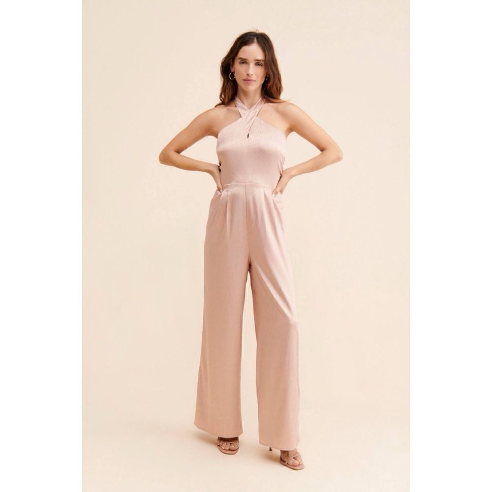 Du Paradis Anthropologie Cross-Neck Satin Jumpsuit in Pink, Size Small